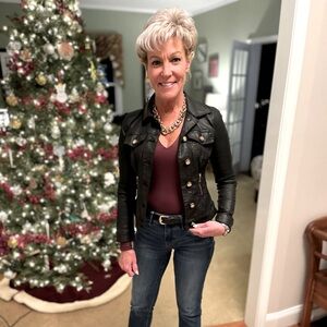 Black Faux Leather Jacket
Gold Buttons Firmly Attached!
No Sign of Wear!